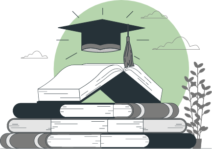 Ein farbiges Icon, bildet Bücher und Graduation Hut ab