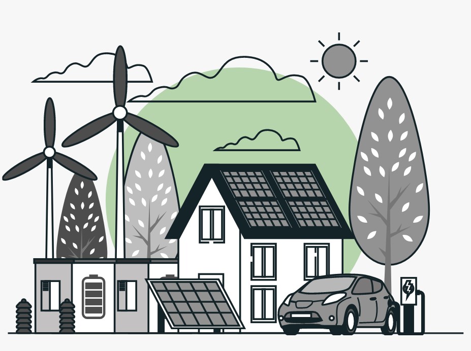 Ein farbiges Icon mit einem Haus mit erneuerbaren Energiequellen